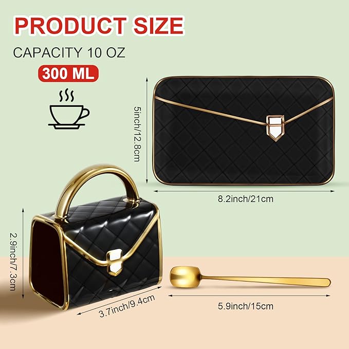 Zubebe 1 Set Coffee Mug Elegant Handbag Shaped Cup Valentine's Day Modern Ceramic Purse Mug with Spoon and Saucer, 10oz Cute Creative Tea Cup for Woman Girls Gift (Black)