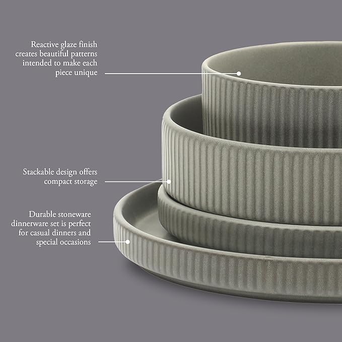 Gibson Elite Deerfield 16-Piece Stoneware Dinnerware Set ??Soft Grey Reactive Glaze, Stackable Plates and Bowls, Service for 4 ??Microwave & Dishwasher Safe
