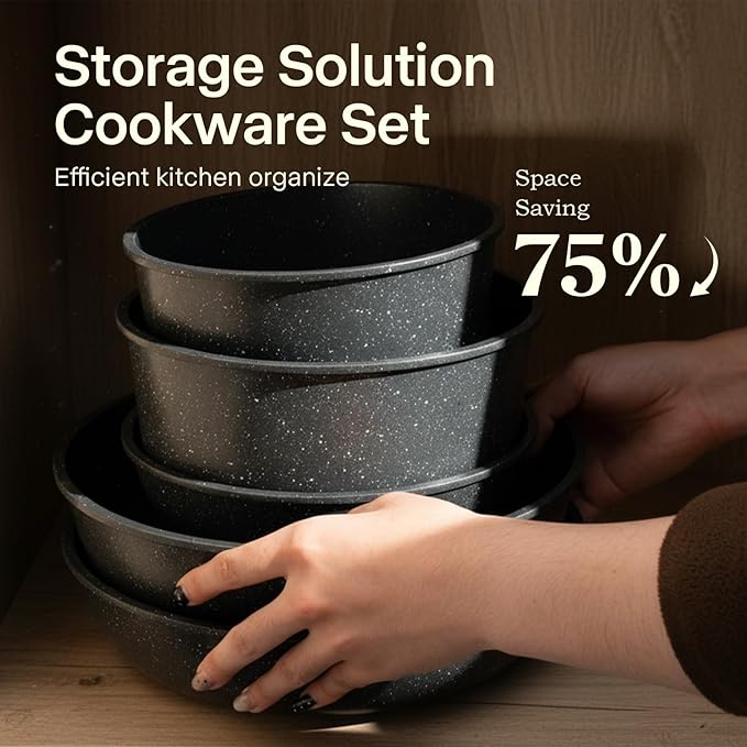 Pots and Pans Set Non Stick, Ceramic Cookware Sets 21 PCS, Granite Induction RV Kitchen Portable Stackable Cooking Set Removable Handles, Dishwasher 竊?Oven Safe, Black