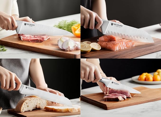 BRODARK Knife Block Set: Kitchen Knives Set with Block and Sharpener, 15 Pcs Ultra Sharp Chef knife, High Carbon Stainless Steel, Ergonomic Handle Non-Slip Grip, Silver Wolf Series with Gift Box