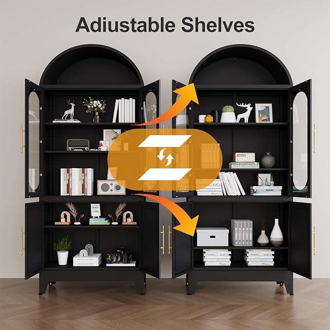 73" H Metal Tall Arched Kitchen Pantry Cabinet, Modern Farmhouse China Storage Cabinets with Glass Door and Adjustable Shelves, Versatile Cupboard for Kitchen, Dining Room, Bathroom (Black)