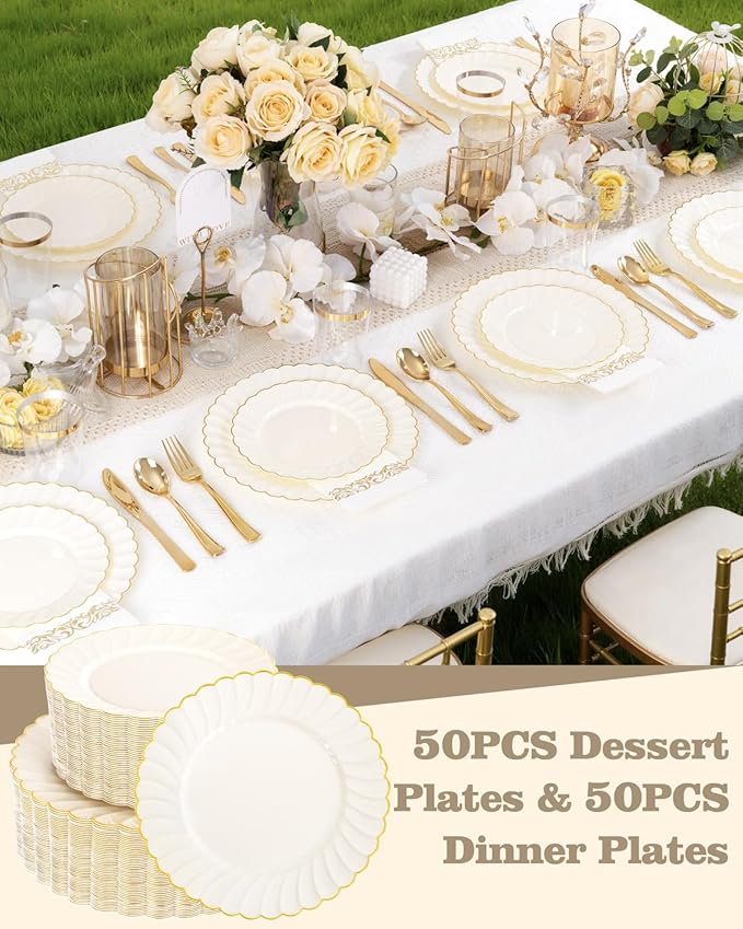 YOUBET 100PCS Ivory Scalloped Plastic Plates - Heavy Duty Gold Disposable Fancy Hard Plates Include 50 Dinner Plate, 50 Dessert Plate, for Wedding & Party Valentines Day