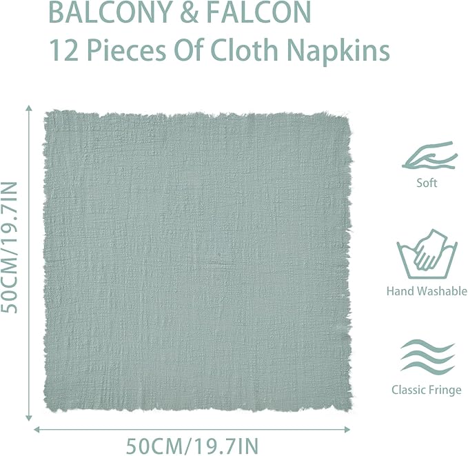 BALCONY & FALCON Cloth Napkins 100% Cotton with Fringed Handmade Square Rustic Style Washable Napkins 12 Pack Sage Green 20 x 20 inches for Easter Thanksgiving Christmas Weddings Parties Banquets