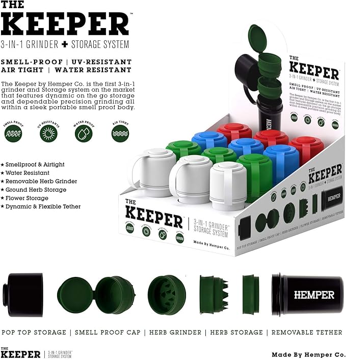 Hemper Keeper 3?멼n?? Herb Grinder with Dual Storage Container - Smell?멠roof, Airtight & Water?멢esistant - Built?멗n Removable Grinder, Dual Compartments for Flower & Ground - (Black)