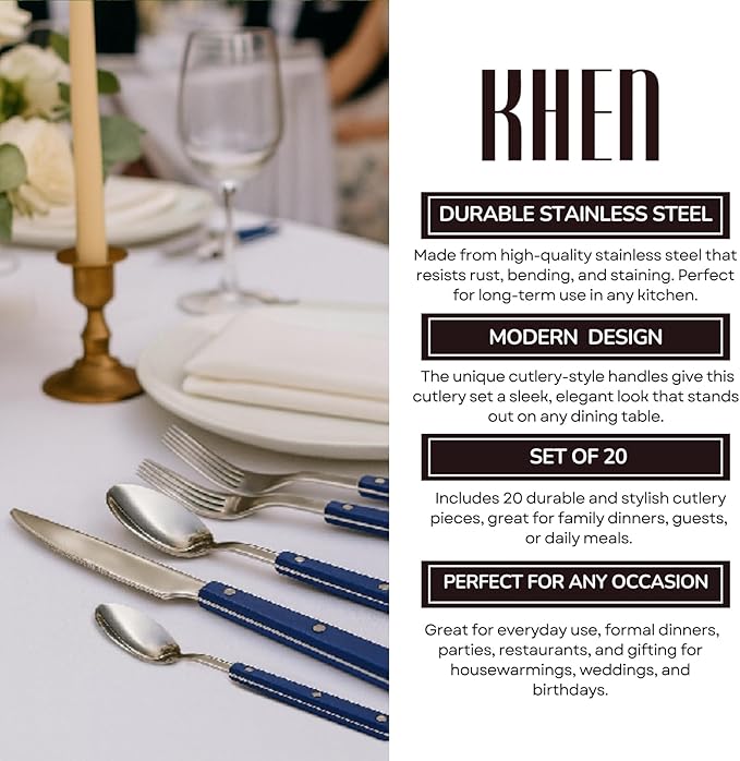 Khen Cutlery Set of 20, 18/8 Stainless Steel Flatware, Modern Silverware for Home, Kitchen, Dining & Table Setting for 4 ??Stainless Steel, Dishwasher Safe, Lightweight & Ergonomic Design Gift - Blue