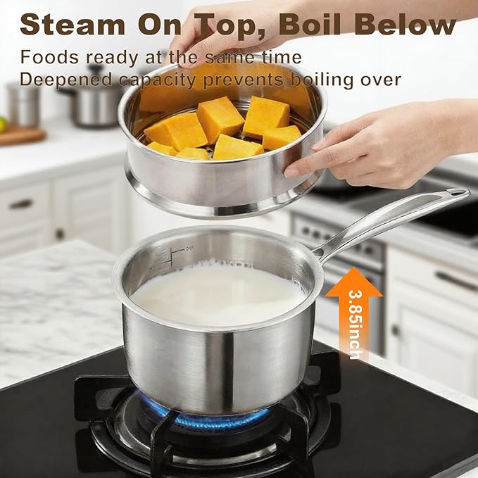 癤풫OUTIUS 1QT+2QT+3.5QT With Steamer Handle Triple Stainless Steel Saucepan with Lid, Ramen Pot with Clear Glass Cover, Small Sauce Pan for Cooking Oatmeal, Dishwasher-Safe, Suitable for All Stoves
