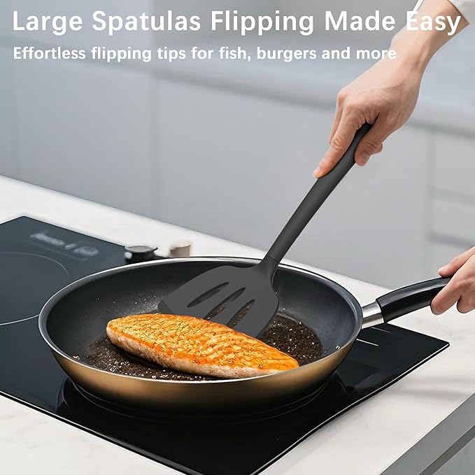 Coukre 3 Pack Silicone Spatula Set, High Heat Resistant, BPA-Free, Fish Spatula, Solid & Slotted Turner for Non-Stick Pans, Flipping Eggs, Pancakes, Fish, Burgers (3, Black)