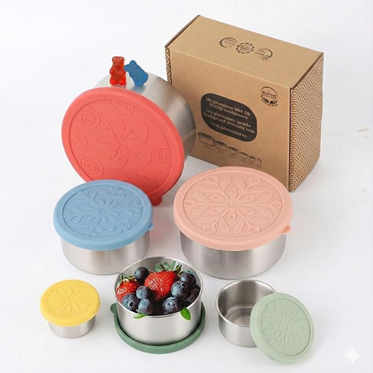 12 Pcs - 6 Stainless Steel Containers + 6 Silicone Lids | 304 Stainless Steel Snack Container | Nesting Snack and Dip Containers | Metal Food Storage