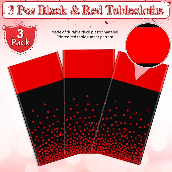 MASHAN 3Pcs Black and Red Tablecloth Party Decorations,Plastic Black Table Cloth Printed Red Table Runner Disposable Rectangle Cover for Birthday Weeding Anniversary Graduation Party,54 x108 Inch