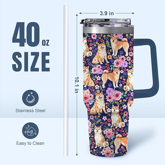 Yogusut Shiba Inu Gifts for Women, 40oz Stainless Steel Insulated Tumbler Travel Mug Cup with Handle Straw, Gifts for Dog Mom Dog Lover