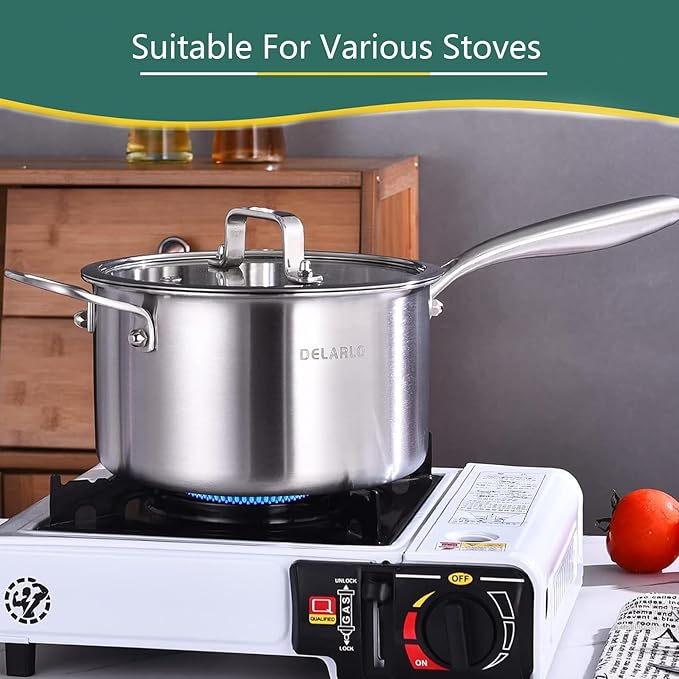 DELARLO Tri-Ply Stainless Steel Saucepan, 3.5 QT Saucepan with Lid, All Stove Compatible 600?? Induction Sauce Pot, Heavy Duty Saucier, Dishwasher Safe Saucepan, Induction Pot 3.5 Quart, Even Heat