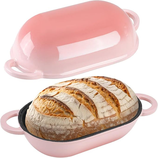 Enameled Cast Iron Sourdough Bread Oven, 5QT Loaf Cast Iron Bread Pan with Lid, Oval Dutch Oven for Homemade Bread Baking (Gradient Pink)