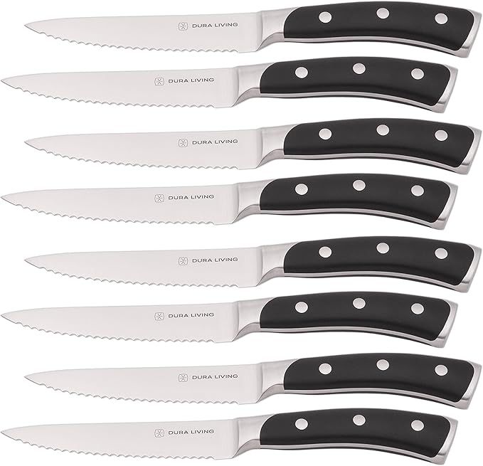 DURA LIVING 8-Piece Serrated Kitchen Steak Knife Set ??Forged High Carbon Stainless Steel, Ultra Sharp, Ergonomic Black Handles, Durable Dinner Knives, Black Handle
