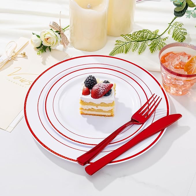 WELLIFE 350 Pcs Red Plastic Plates for 50 Guests - Plastic Dinnerware Set,Party Supplies Includes 100 Red Plates,150 Silverware,50 Napkins,50 Cups