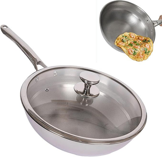 Titanium Hammered Wok Pure with Lid, No Coating Non-Stick Titanium Cookware, Frying Pans, Hammered Pan, Ultra-Durable, Scratch-Resistant, Safe for Oven, Induction & Cooktops Up To 750째F,12.59i