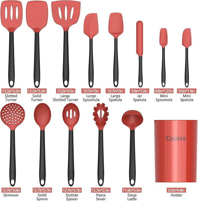 Coukre Silicone Kitchen Cooking Utensils Set with Holder ??Heat-Resistant, Food-Grade Kitchen Tools, Spatula, Spoon & Gadgets for Non-Stick Pans, Dishwasher Safe (14, Red)