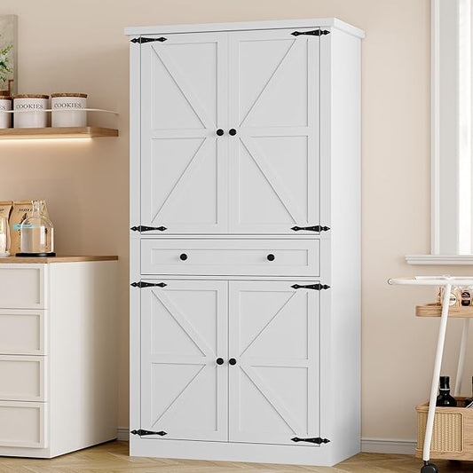 Pantry Organizers and Storage Cabinet, 70??Barn Door White Kitchen Cabinet with Drawers and Adjustable Shelf, Tall Pantry for Kitchen, Dining Room, Living Room Bedroom