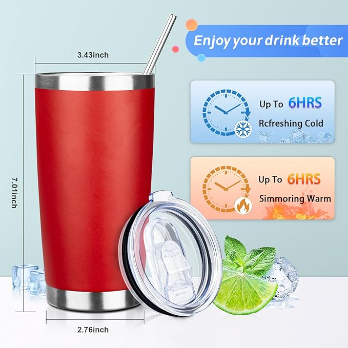 ATIKZHE 20oz Tumbler with Straw and Brush, Stainless Steel Vacuum Insulated tumbler, Double Wall Insulated Coffee Tumbler for Outdoor, Home, Travel,Office (Bright Red,8pcs)