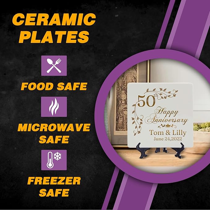 Custom 50th Wedding Anniversary Plate with Stand ??9" Ceramic Square China Plates, Personalized Golden Anniversary Present for Couple, Customize with Text Only