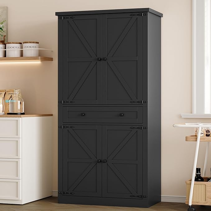 Pantry Organizers and Storage Cabinet, 70??Barn Door White Kitchen Cabinet with Drawers and Adjustable Shelf, Tall Pantry for Kitchen, Dining Room, Living Room Bedroom