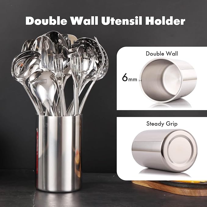 18/10 Stainless Steel Kitchen Utensils Set with Holder - 15??Spatula Spoon Set with Storage Organizer for Countertop, Fork, Tongs, Spatula, Ladle, Skimmer, Turner, Spaghetti, Large Spoon Set of 12