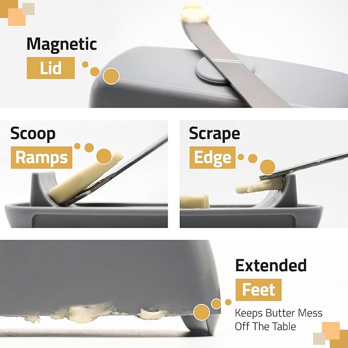 Butter Hub Butter Dish with Lid and Knife, Magnetic Butter Keeper, Easy Scoop, No Mess Lid, Plastic, Dishwasher Safe (Clear)