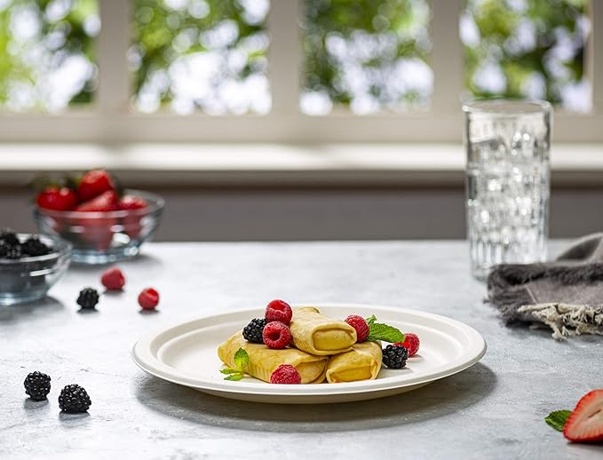 GUSTO [10 Inch - 125 Pack Heavy-Duty White Paper Plates, 100% Compostable, Eco-Friendly - Biodegradable Disposable Plates, Sugarcane Paper Plates (Formerly Comfy Package)