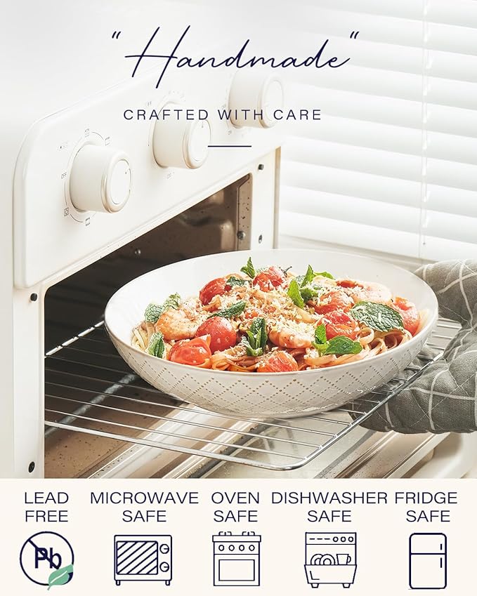getstar Pasta Bowls, Large Salad Serving Bowls (9.2 inch/42 oz), Ceramic Bowl Plates Set of 4, Farmhouse Embossments, Microwave and Dishwasher Safe