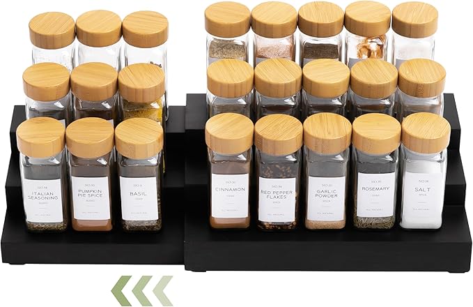 KitchenEdge Expandable Spice Rack Organizer for Cabinet, 3-Tier Shelf for Spice Organization (11??to 22??, Fits 36 Spice Jars, Seasoning and Pantry Storage, Non-Slip Feet, 100% Bamboo, Black Finish