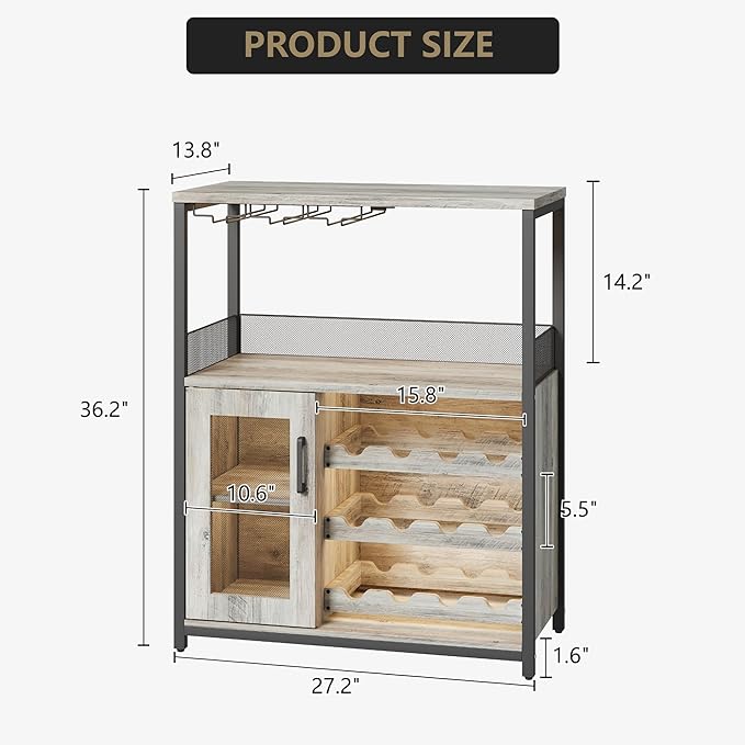 Vintage Industrial Wine Bar Cabinet with Adjustable Wine Racks and Glass Holders, Mesh Door Sideboard Storage Cabinet for Living Room, Kitchen, Dining Room, Compact Design, Gray with Light