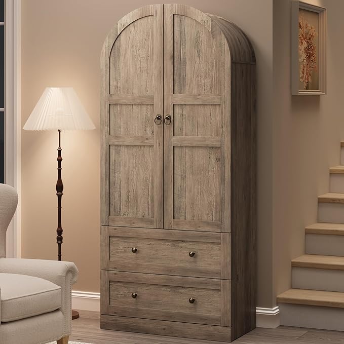 CABIHOME 72" Tall Arched Kitchen Pantry Cabinet, Freestanding Farmhouse Storage Cupboard with Doors, Drawers & Shelves, Versatile Wooden Organizer for Dining Room, Living Room, Rustic Gray