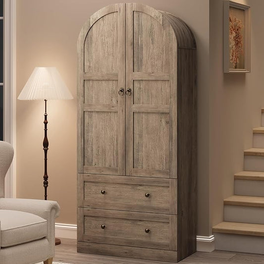 GAOMON 72" Arched Kitchen Pantry Cabinet, Wooden Freestanding Storage Cupboard with Doors, Drawers & Adjustable Shelves, Versatile Farmhouse Pantry for Dining and Living Room, Rustic Gray