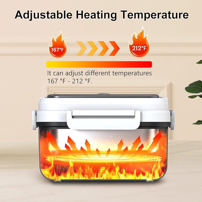 Cordless Electric Heated Lunch Box, XL 6.3Cups 20000mAh Rechargeable Food Warmer Lunch Box with Self Heating, Smart Timer, Adjustable Temperature, Leakproof, BPA Free, Removable Tray Divider