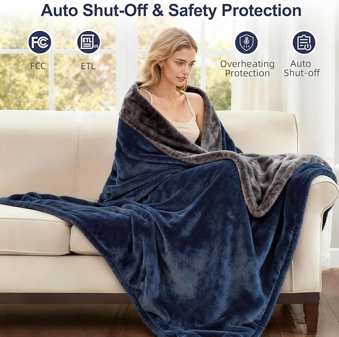 Electric Heated Blanket Throw 50" x 60" Soft Dual-Sided Flannel Fast Heating 12 Heat Levels 1??2H Timer & Overheat Protection & Auto Shut-Off & ETL FCC & Machine Washable (Single 50''x60'')