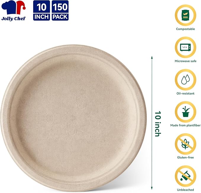JOLLY CHEF Compostable Heavy Duty Plates ?윮?윭 ?뿙?뿻?뿰?뿵 [?윮?윶?윭 ?뿣?뿮?뿰?뿸] Eco-Friendly Disposable Natural Paper Plates Bagasse Biodegradable Bulk for Party Dinner Thanksgiving Day (Brown)