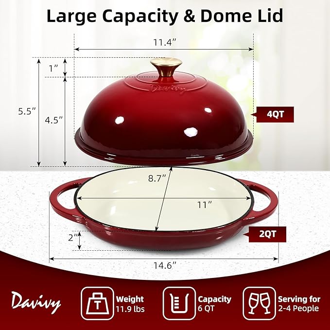 Davivy 6QT Oval Cast Iron Dutch Oven with Domed Lid, Bread Dutch Oven for Sourdough Bread Baking, Enameled Oval Sourdough Bread Loaf Pan 6QT, Bread Cloche Sourdough Pan with Lid - Ruby Red