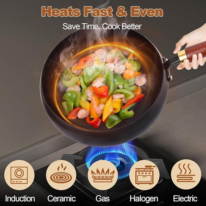 Suntuup Japanese Iron Pan, 9.45 Inch Hand-Forged Uncoated Irons Pan with Wooden Lid, Non-Stick Without Coating, Rust-Free Durable Thick Iron Pot for Gas, Electric Cookers, Induction