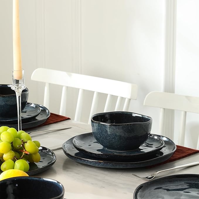 Stone Lain Mirella 24-Piece Stoneware Dinnerware Set, Service for 8 ??Reactive Glaze, Deep Blue ??Includes Dinner Plates, Salad Plates, and Bowls ??Modern Organic Design