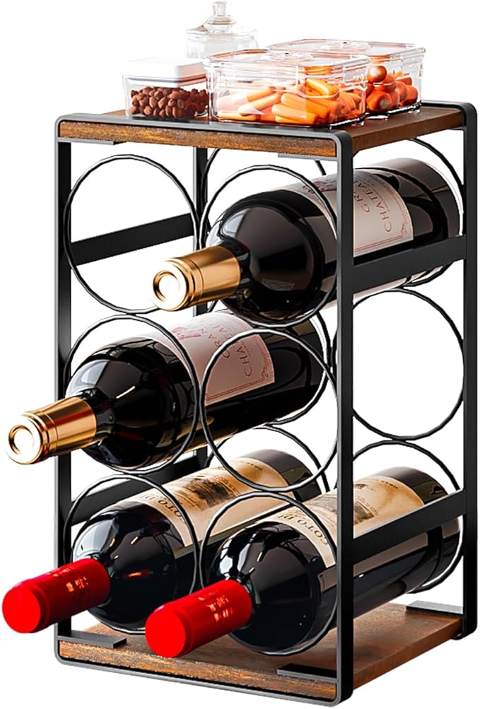 Wood Countertop Wine Rack No Need Assembly 6 Bottles Black + Rustic Brown