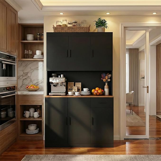 71 Inch Black Pantry Cabinet with Power Outlet, Heavy-Duty Freestanding Kitchen Storage Organizer with Reinforced Frame, Pantry Hutch for Kitchen, Dining Room, Living Room