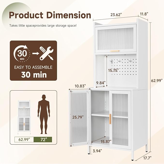 Letaya Metal Kitchen Pantry Cabinet,63" Tall Kitchen Bakers Rack with Storage, Coffee Hutch with countertop,Metal Microwave Stand with Glass Doors for Dining Room, Laundry, Hallway,White