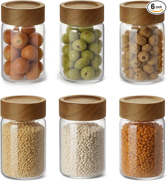 6pc 8oz Glass Mason Jars with Acacia Wood Airtight Lids - Food Storage Container Set, Clear Stackable Leakproof Kitchen Canisters for Meal Prep/Snack Organization/Spice Storage