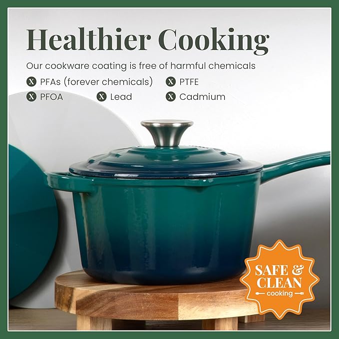 Larder & Vine Enameled Cast Iron Saucepan | 2.2 qt Sauce Pan with Lid | Saucepan with Pour Spouts | Enameled Cast Iron Pot Compatible on All Cooktops & Oven Safe to 500째 F | Bondi