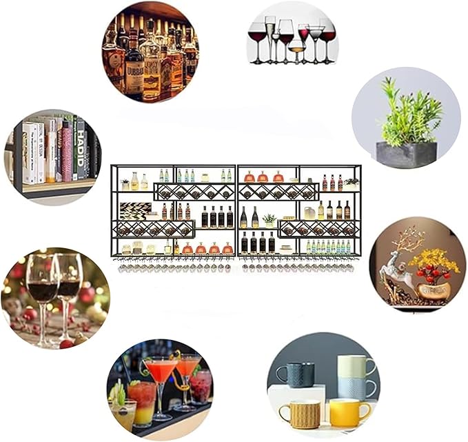 94 Inch Wine Rack Wall Mounted, 4 Tier Large Wall Mounted Liquor Shelf & Bar Shelf, Metal Wall Wine Rack with Glass Holder, Bar Shelves for Liquor Bottles Display Storage, Black (No Lights)