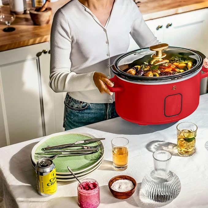 Beautiful 6 Quart Programmable Slow Cooker by Drew Barrymore ??Large Capacity, Ceramic Removable Pot, Tempered Glass Lid, Dishwasher Safe, Auto Keep Warm (Tomato Red)