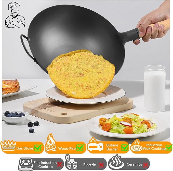 WANGYUANJI 14.2 Inch Round-Bottom Iron Wok, Deep Chinese Stir-Fry Pan (Seasoning Required), Wok Ring Required, Not Flat-Top/Induction ??No Lid, No Ring,Wooden Handle, Coating-Free