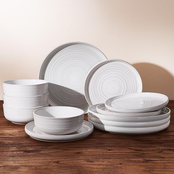 Stoneware Dinnerware Sets, Plate and Bowl Sets for 4, 12 Pieces Spiral Flared Dishware Set with Speckles & Reactive Glaze - Microwave and Dishwasher Safe Tableware, White