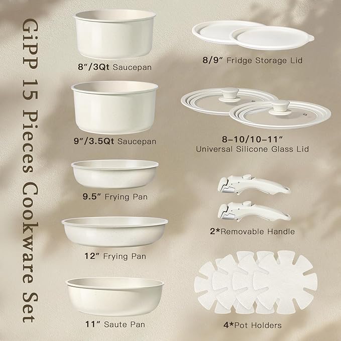 GiPP Ceramic Pots and Pans Set Non Stick, Nonstick Detachable Handle Cookware Sets, Healthy Non Toxic PFAS PFOA & PTFE Free, Dishwasher 竊냀ven Safe, Induction Kitchen Pot and Pan, 15 Piece Cream