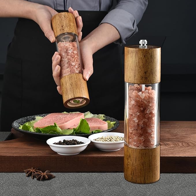 Advanced Acrylic Salt and Pepper Grinder, Wooden Pepper Grinder, Durable Ceramic Grinder with Adjustable Thickness for Grinding