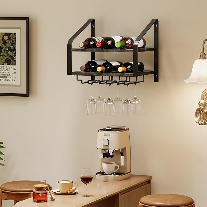 Wall Mounted Wine Rack for 6 Wine Bottles and 6 Glass Holder, 2-Tier Wall Wine Rack, Wood Wine Racks for Wall, Wood-Metal Wine Bottle Holder for Home Bar, Wine Kitchen Storage (Black)